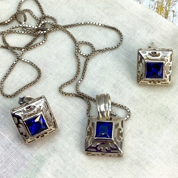Modernist Sterling Silver and Sapphire Blue Jewelry Set - Picture 1 of 4